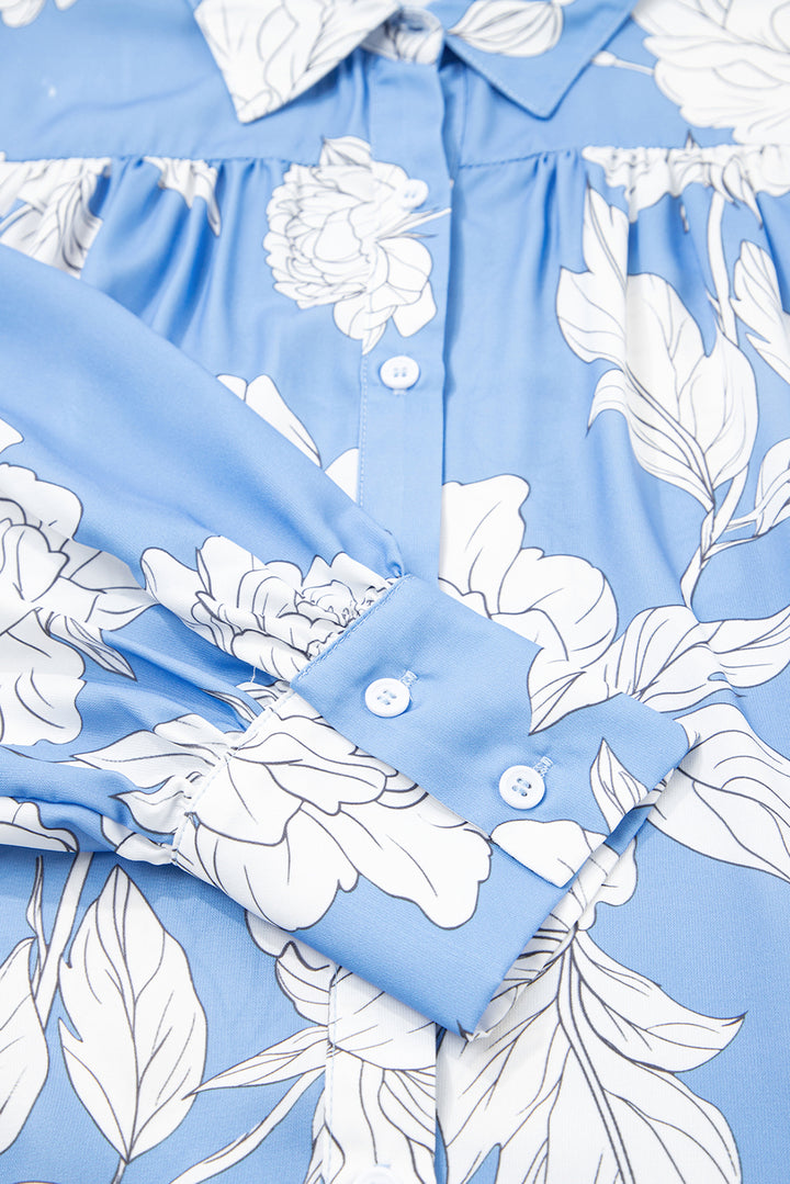 Sky Blue Floral Print Button Up Pleated Detail Puff Sleeve Shirt