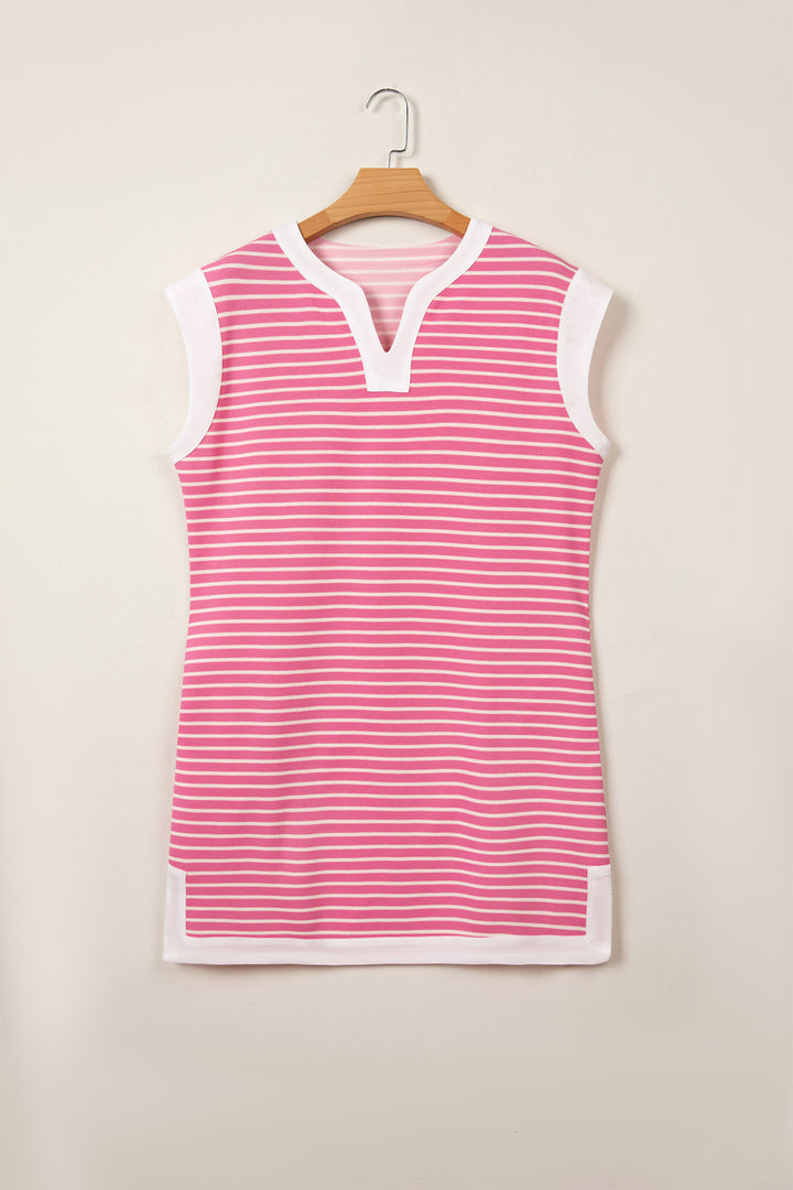 Pink Stripe Color Block Trim Notched Neck Sleeveless Shift Mini Dress