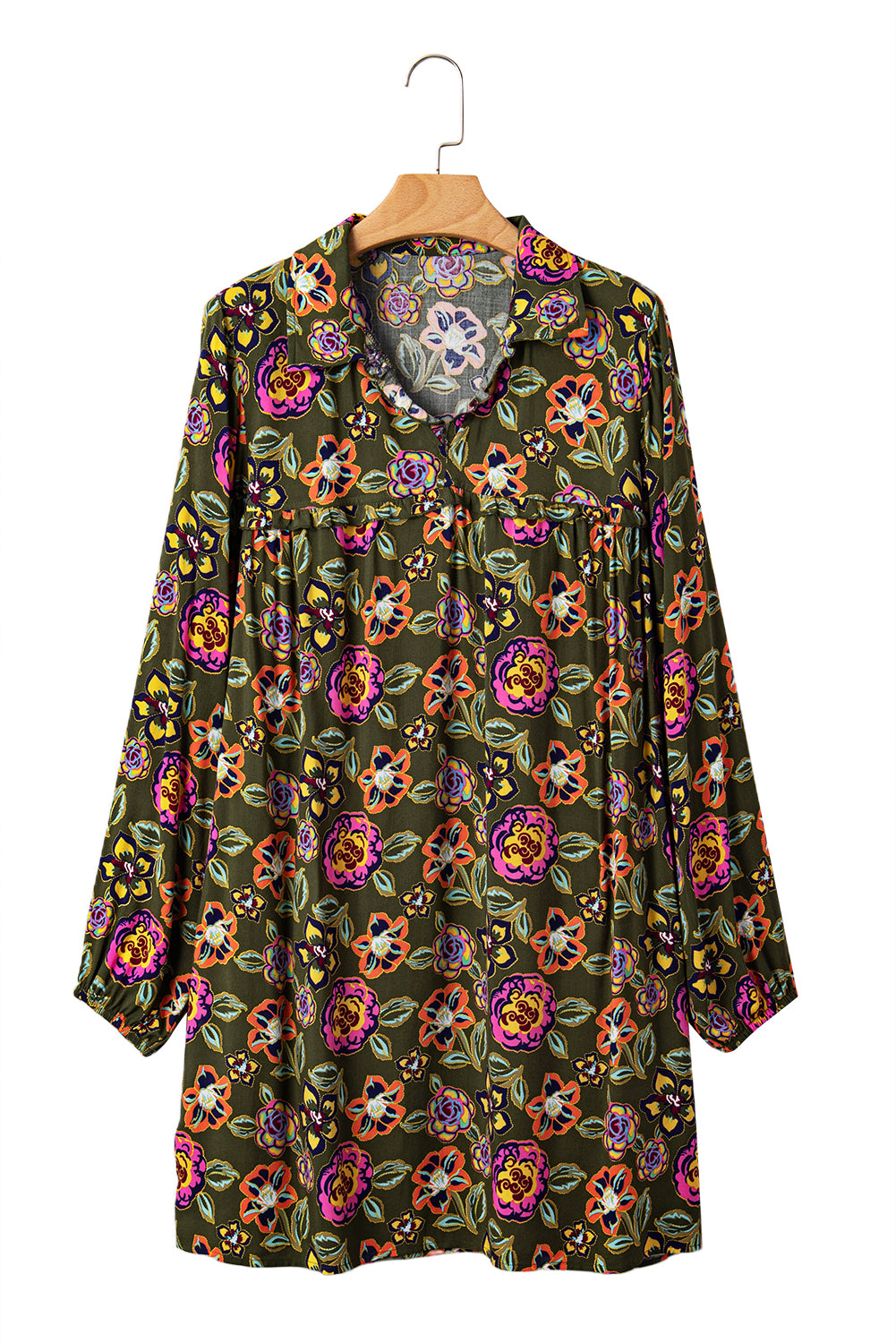 Floral Print Split Neck Bubble Sleeve Shift Mini Dress