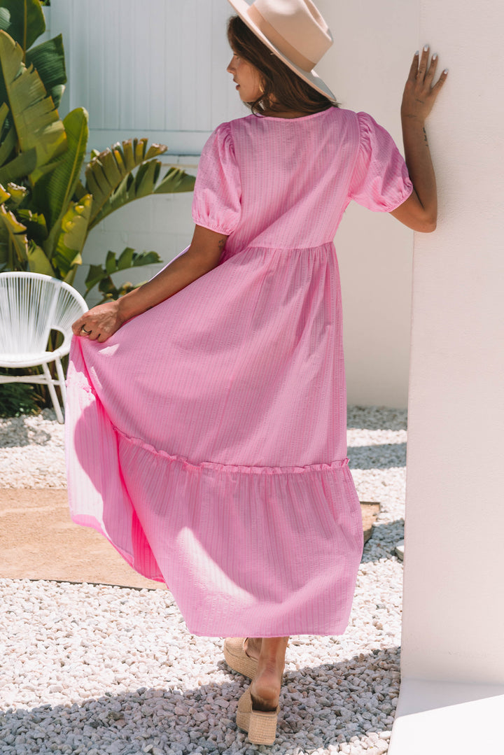 V Neck Puff Short Sleeve Maxi Dress