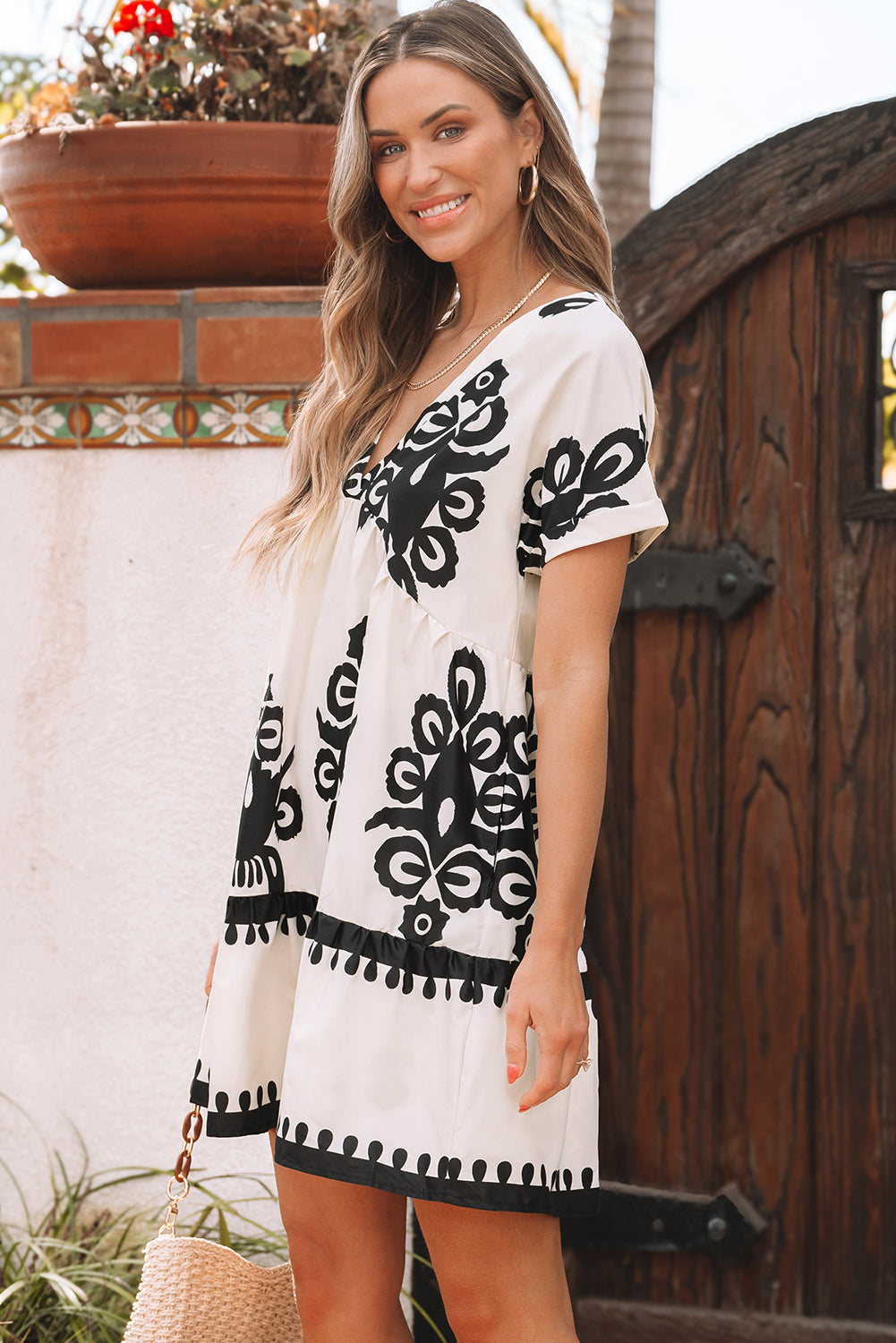 Vintage Print V Neck High Waist Short Sleeve Dress