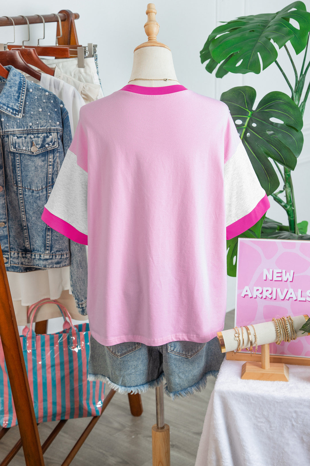 Gossamer Pink Embroidered Bow Detail Color Block Loose Tee