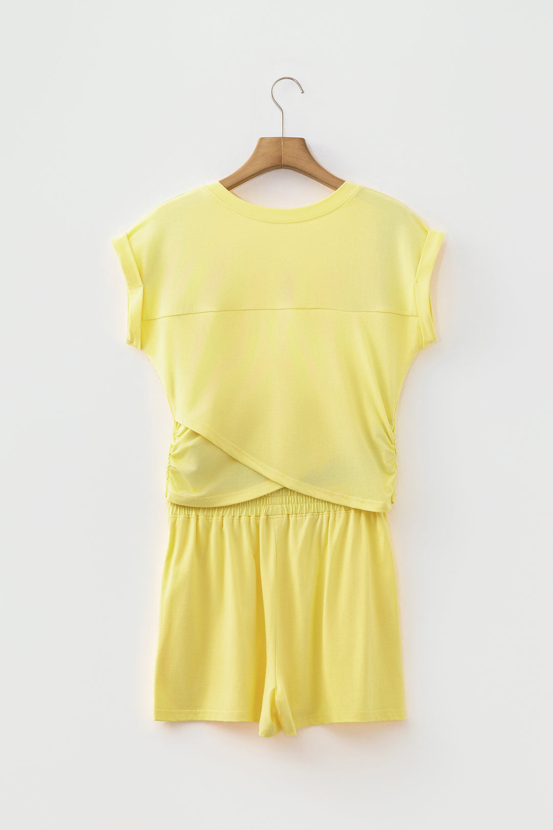 Yellow Cream Solid Short Sleeve Elastic Waist Pocket Casual Two Piece Short Set
