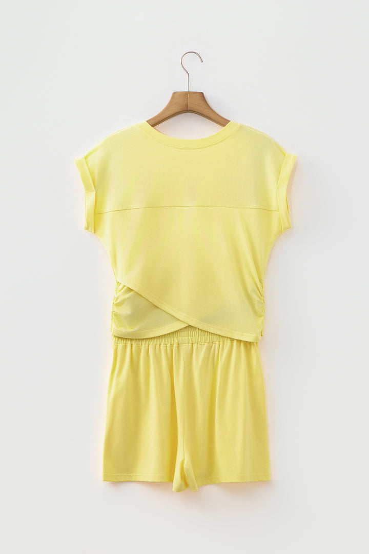 Yellow Cream Solid Short Sleeve Elastic Waist Pocket Casual Two Piece Short Set