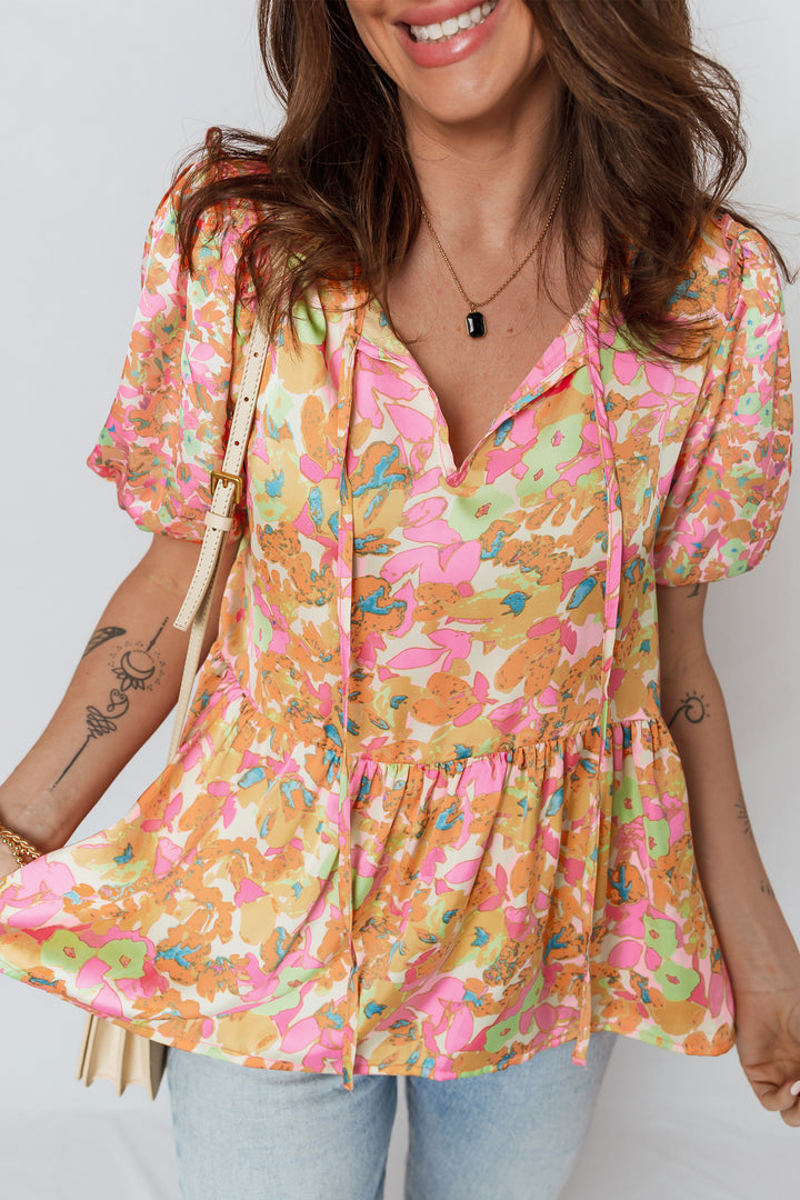 Split V Neck Short Sleeve Flower Blouse