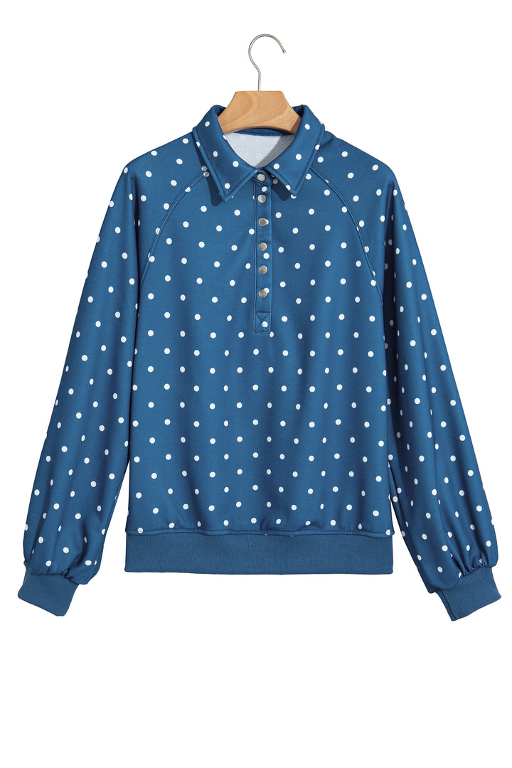 Blue Polka Dot Print Metal Button Collar Casual Pullover Sweatshirt