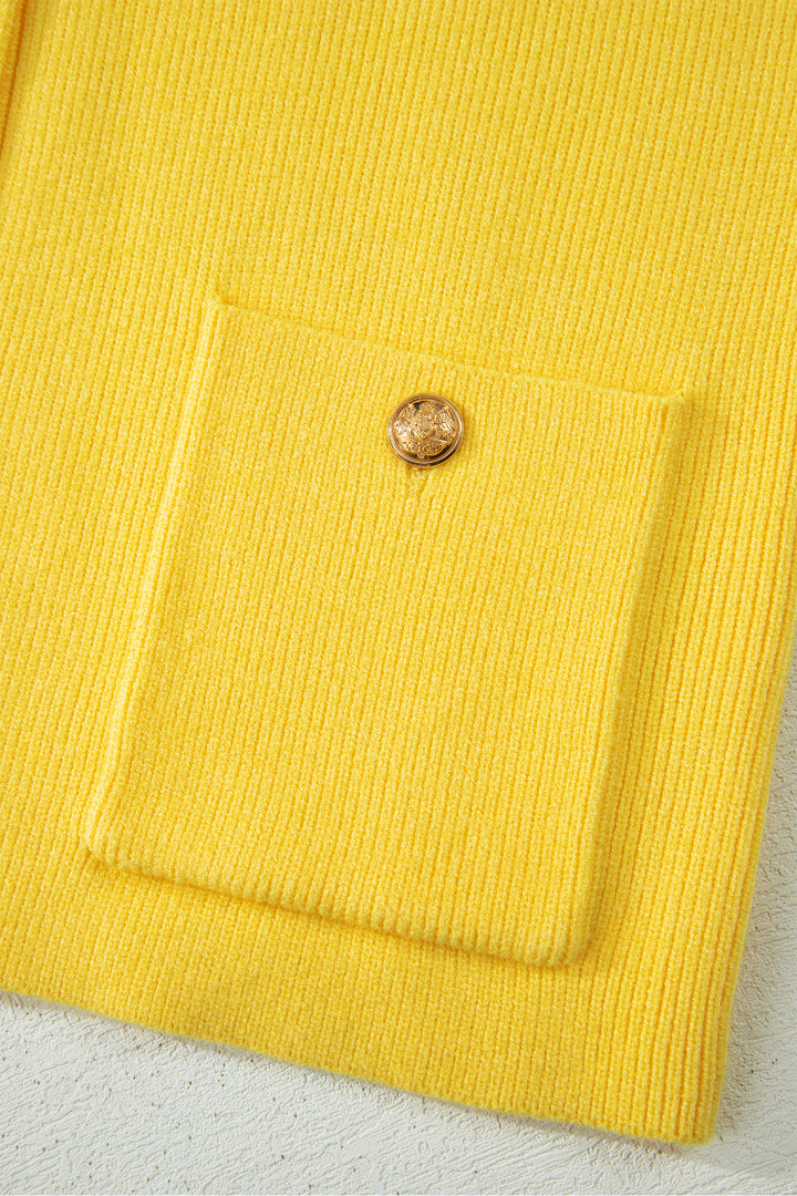 Yellow Cream Solid Color Sleeveless Knit Button Pocketed Sweater