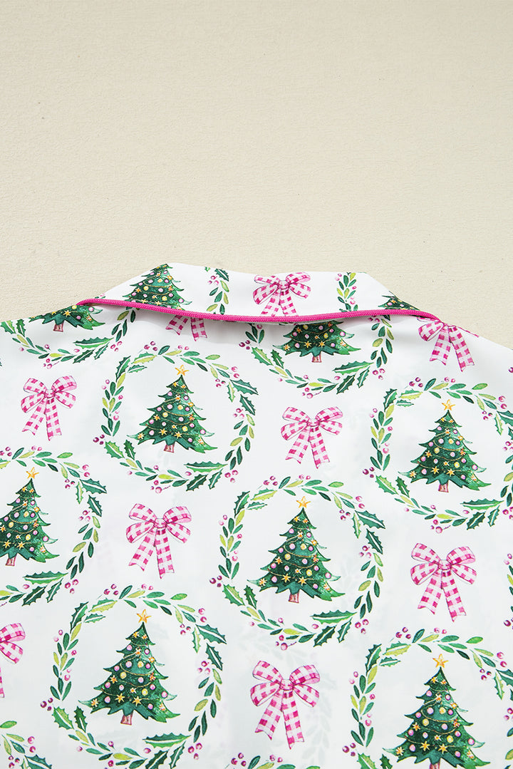 Green Christmas Fashion Print Velvet Trim Bow Knot Pajama 2pcs Short Set