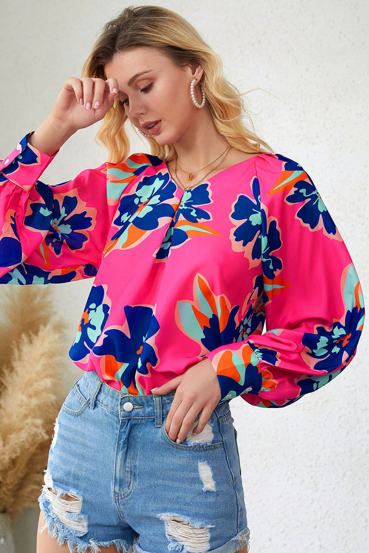 Rose Flower Print Puff Sleeve Blouse