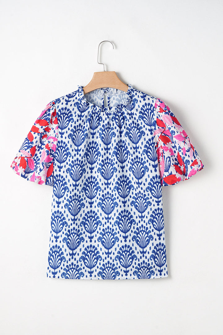 Western Fashion Print Floral Puff Sleeve Frilled Neck Blouse