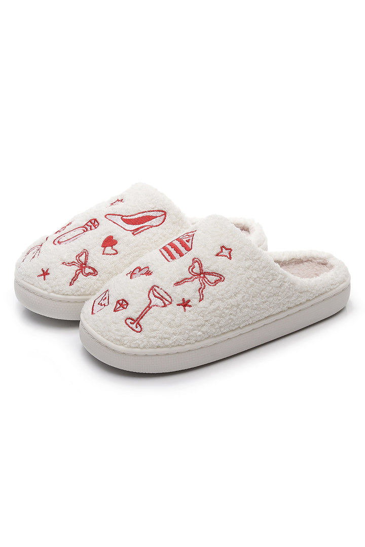 Plush Asymmetric Wedding Doodles Embroidered Slippers