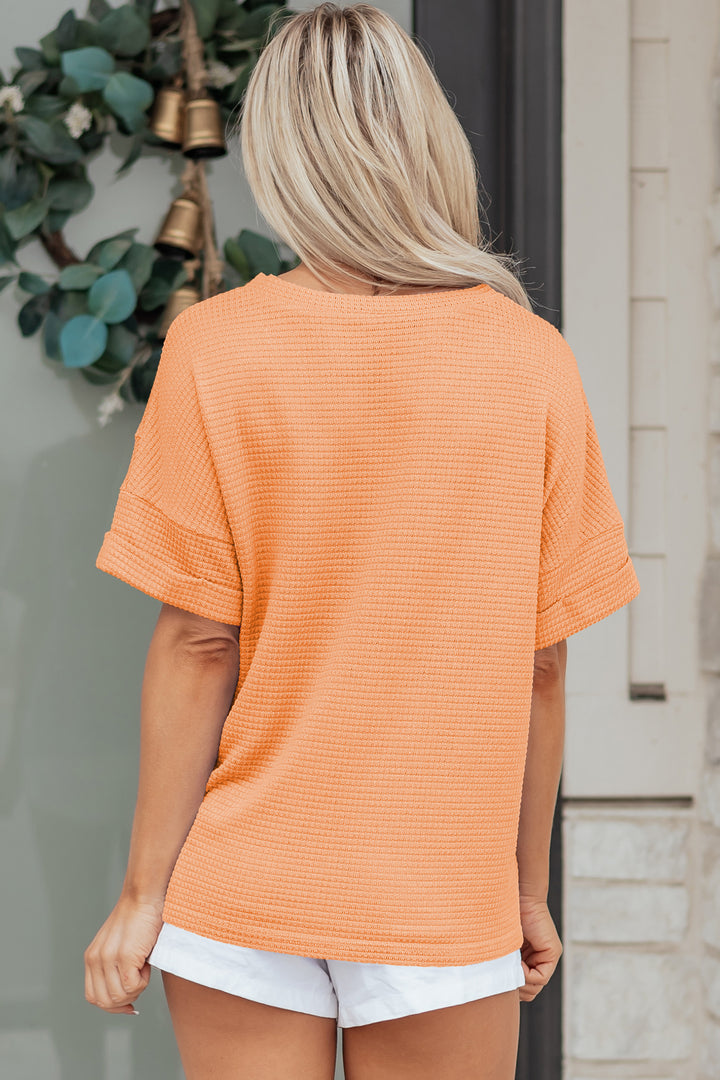 Grapefruit Orange Waffle V Neck Short Sleeve Knit Top