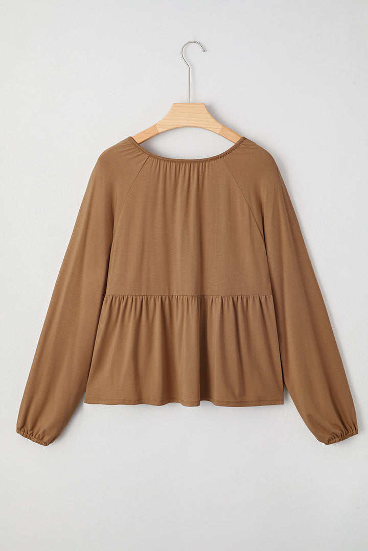 Smocked Bust Buttoned Split V Neck Flow Fit Blouse