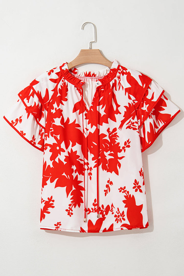 plant print tiered ruffled sleeve v neck blouse