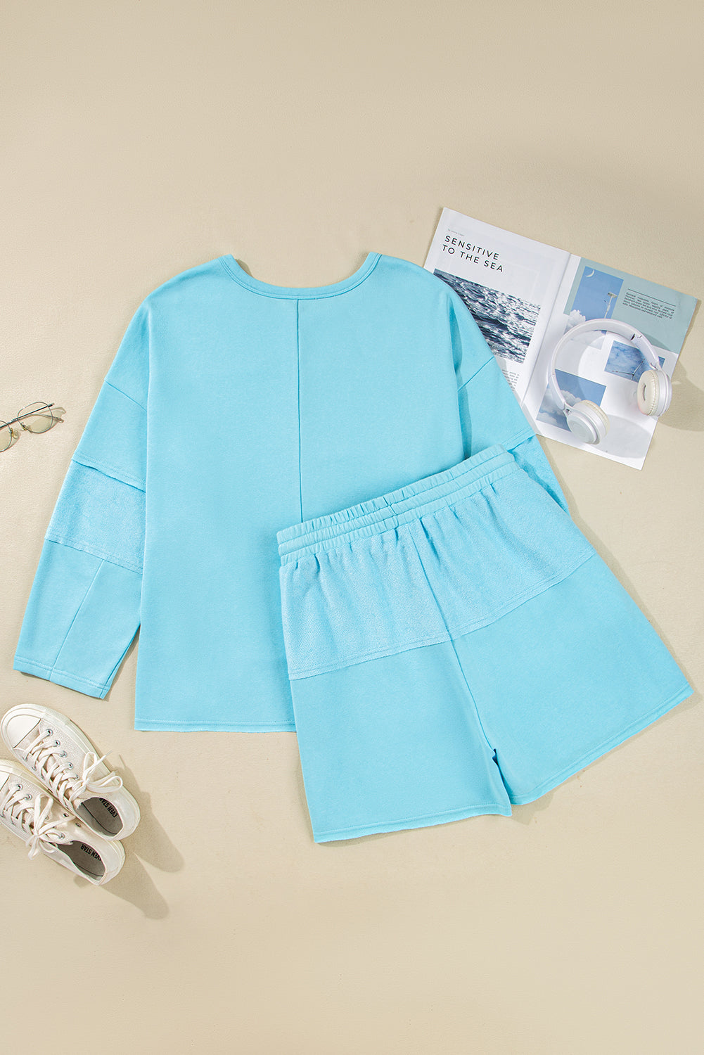 Aruba Blue Plus Size Splicing Raw Hem Pullover Top Shorts Set