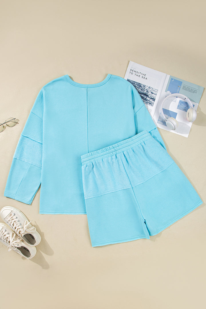 Aruba Blue Plus Size Splicing Raw Hem Pullover Top Shorts Set