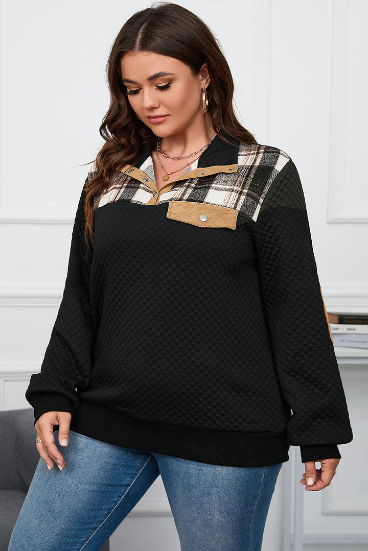Plus Size Quilted Plaid Patch Henley Sweatshirt