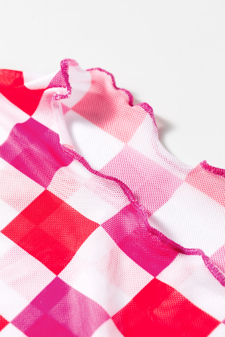 Rose Plaid Mesh Sheer Long Sleeve Top