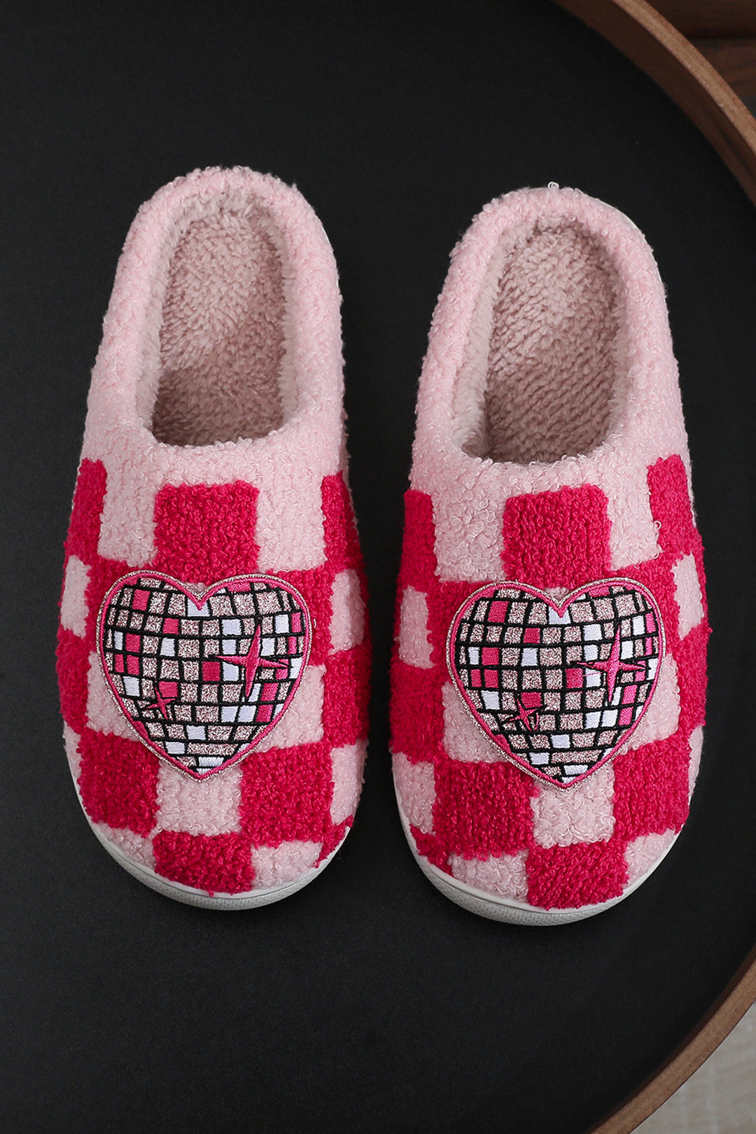 Disco Checkered Heart Plush Winter House Slippers