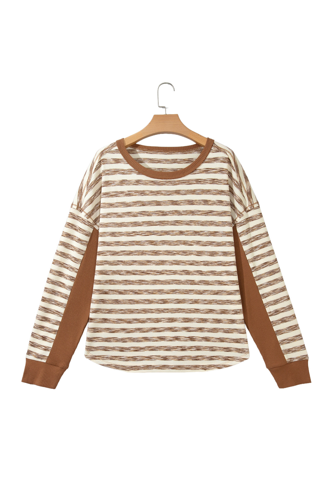 Brown Stripe Textured Knit Color Block Trim Long Sleeve Round Neck Top