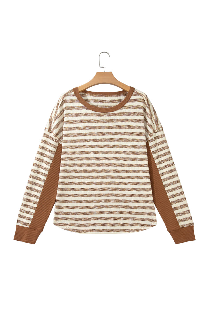 Brown Stripe Textured Knit Color Block Trim Long Sleeve Round Neck Top