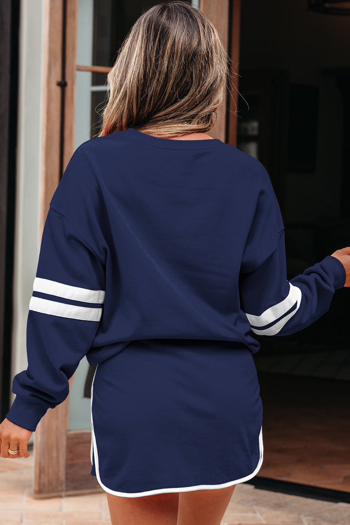 Navy Blue Varsity Stripe Detail Pullover Mini Skort Set