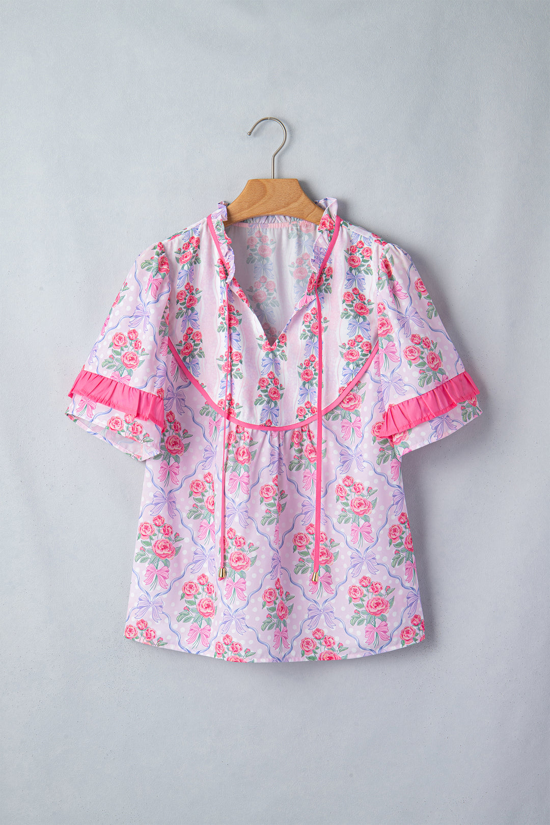 Purple Coquette Floral Bow Printed Contrast Ruffled Short Sleeve Blouse