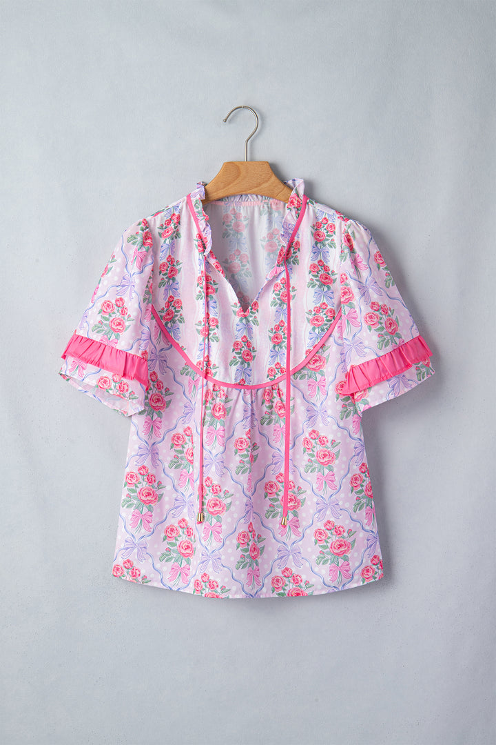 Purple Coquette Floral Bow Printed Contrast Ruffled Short Sleeve Blouse