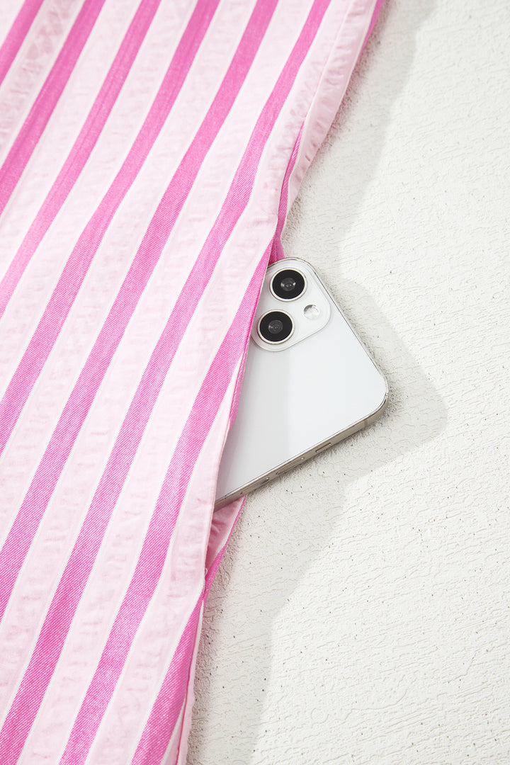 Pink Stripe V Neck Short Sleeve Shift Long Dress