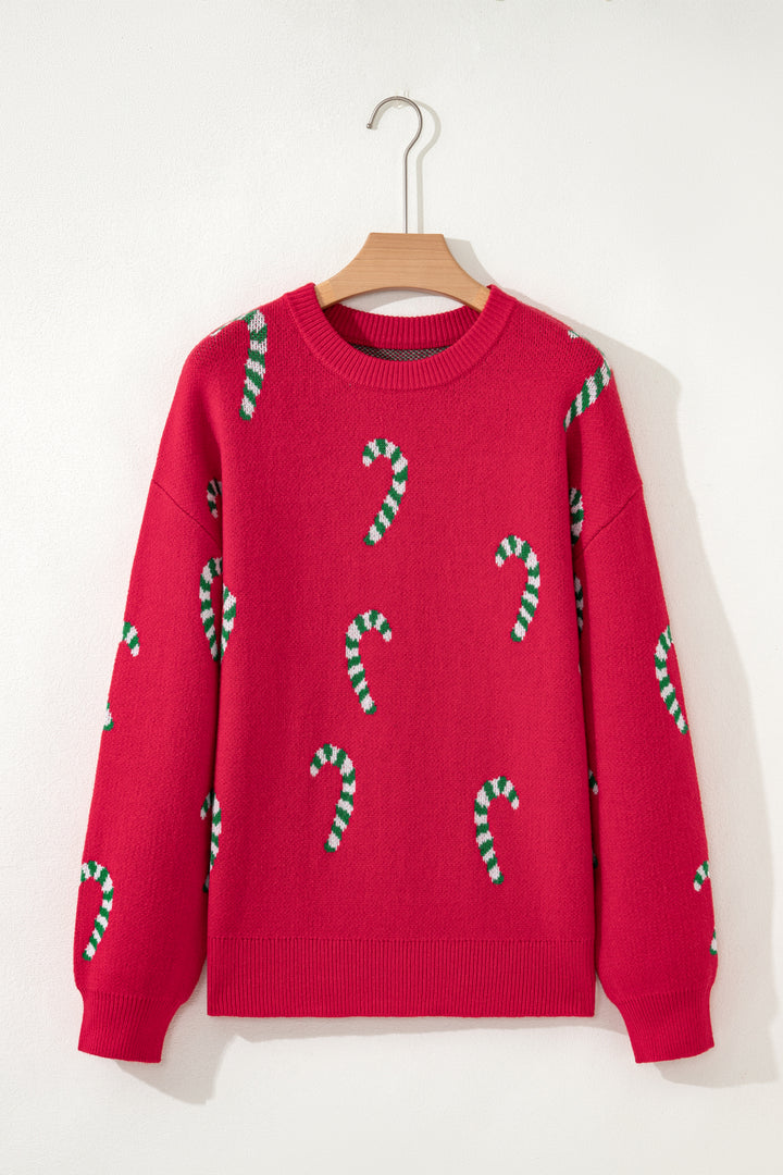 Racing Red Christmas Candy Cane Holiday Drop Shoulder Sweater