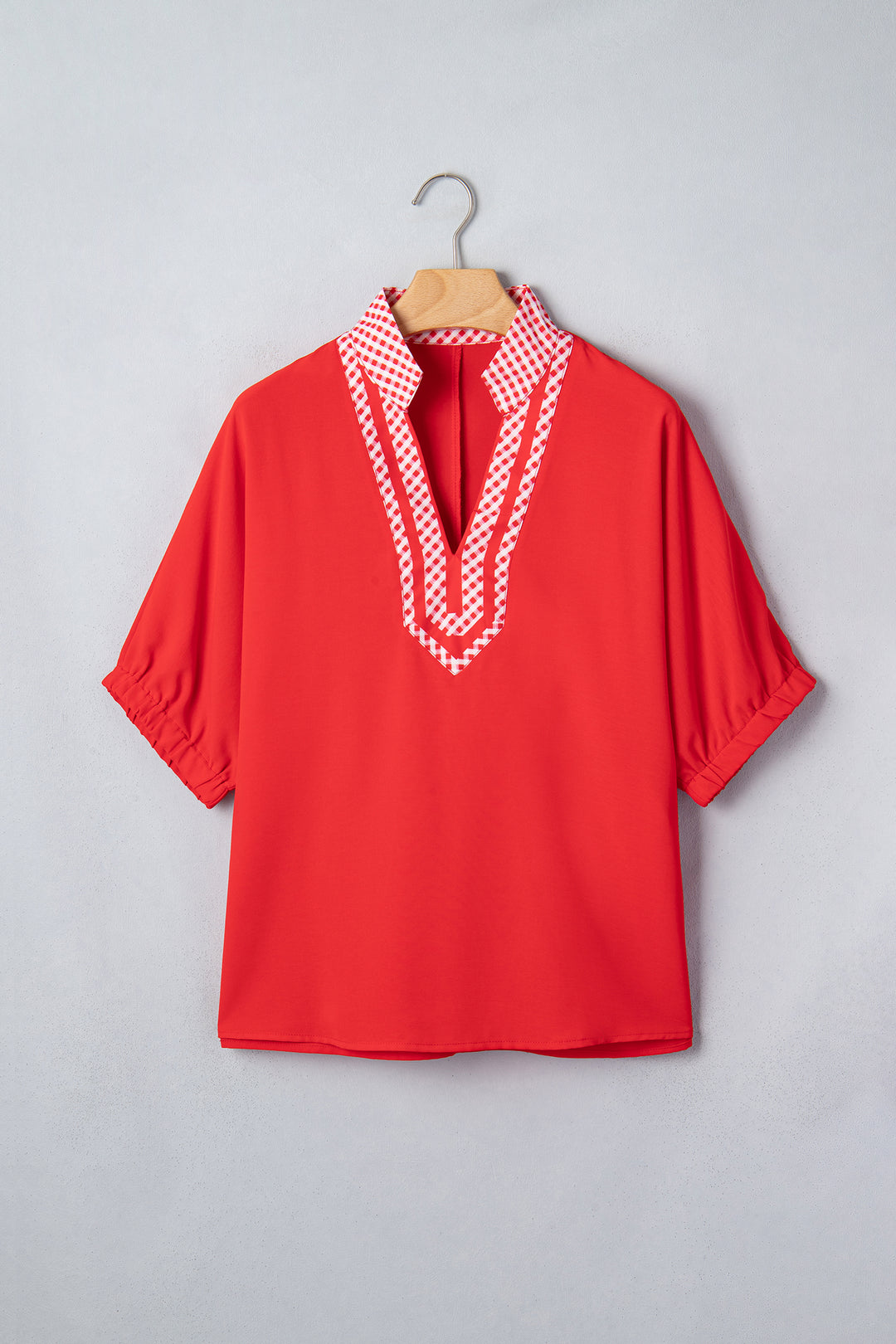 Red V Neck Plaid Collar Short Sleeve Tunic Blouse