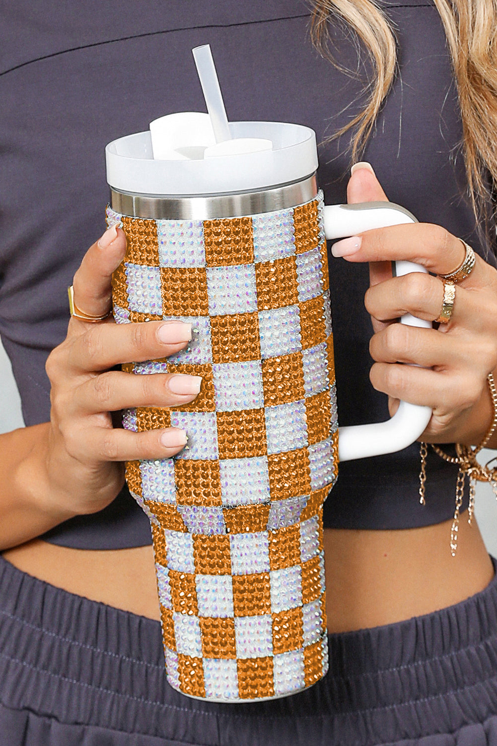 Full Rhinestone Checkerboard Handled Tumbler 40oz