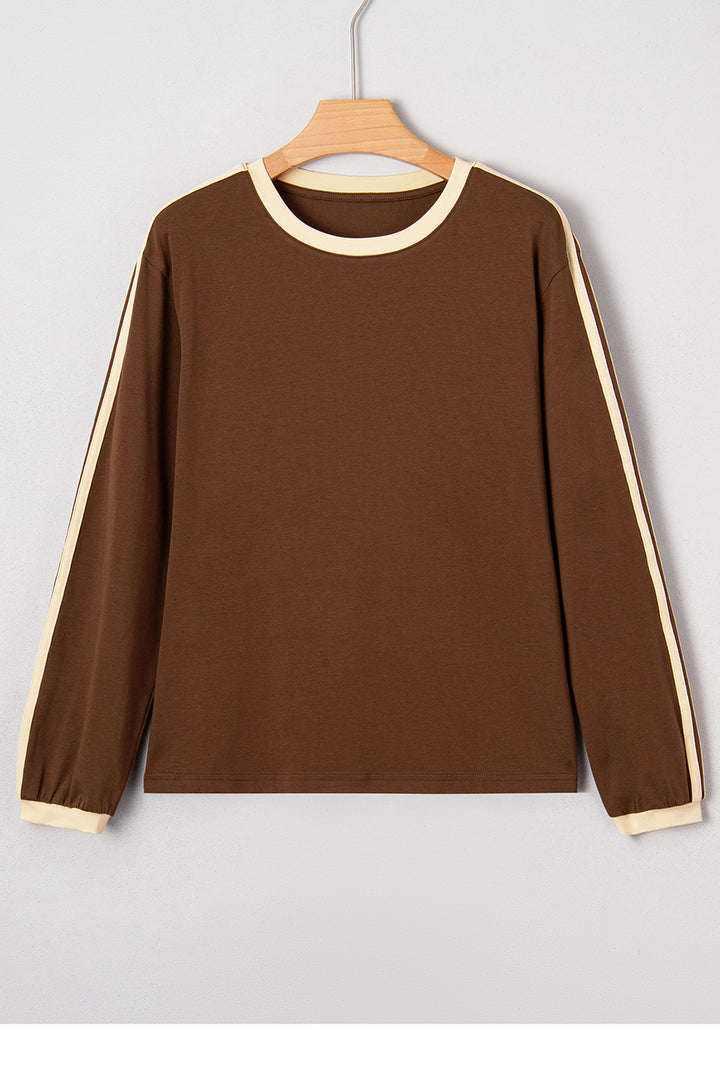 Varsity Striped Accent Contrast Crew Neck Long Sleeve T Shirt