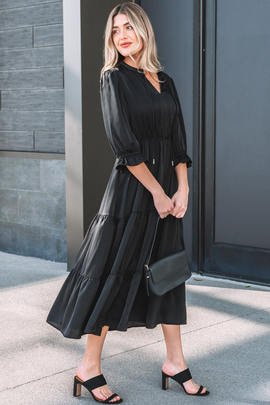 Flounced Bracelet Sleeve V Neck Tiered Maxi Dress