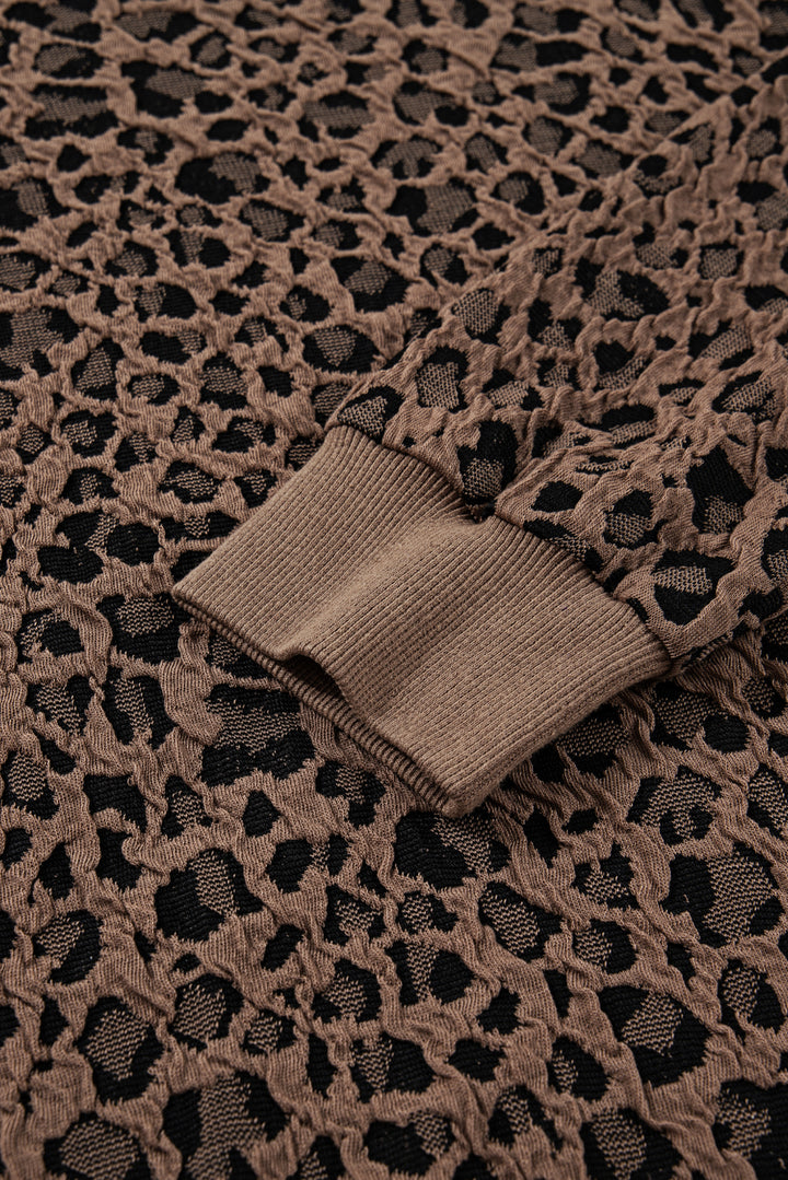 Ribbed Trim Leopard Print Long Sleeve Top