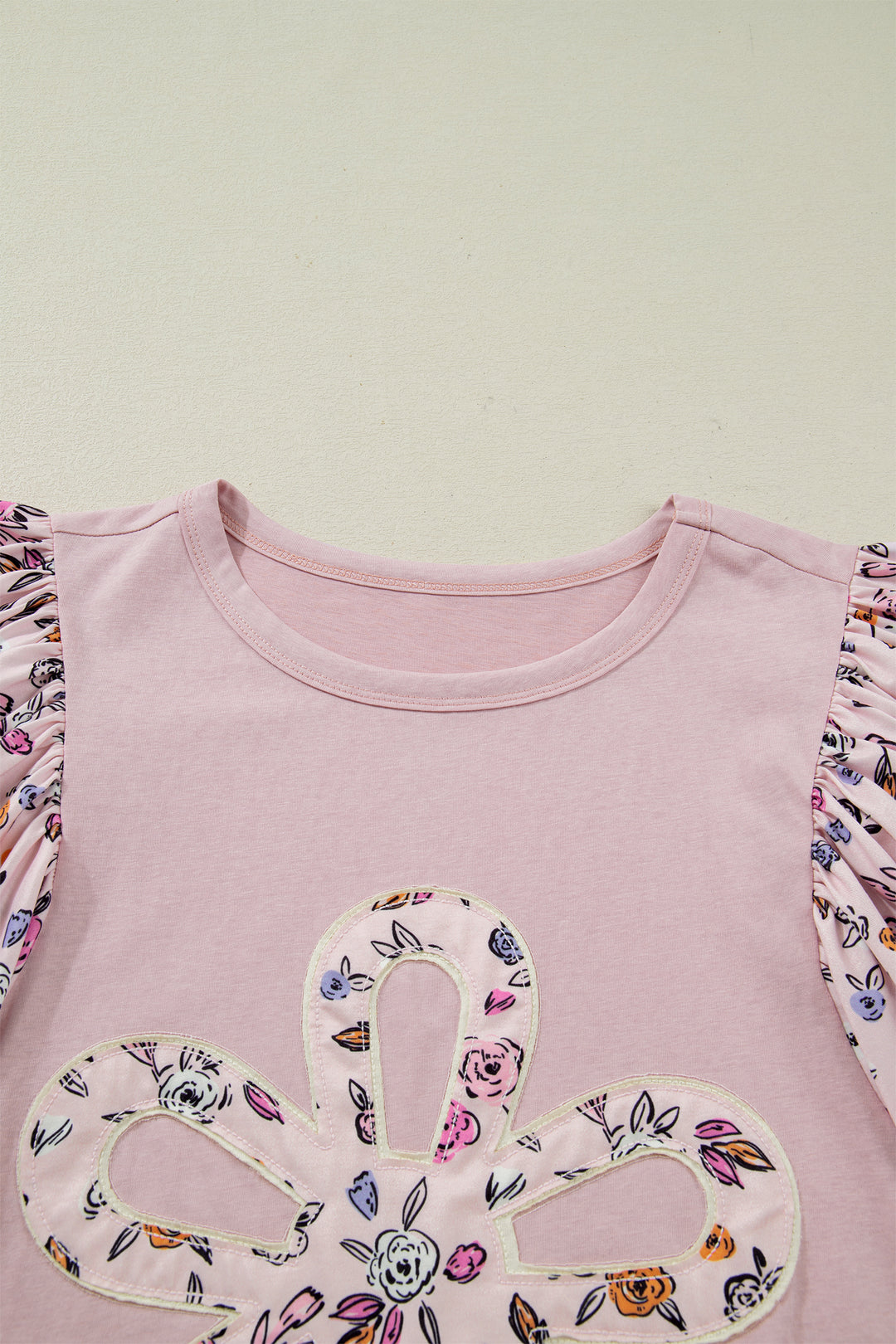 Pink Contrast Floral Patched Flowy Half Sleeve Blouse