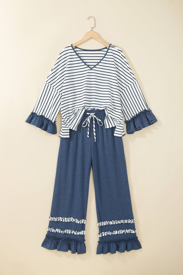Blue Stripe V Neck Ruffle Contrast Sleeve Top Drawstring Pants 2pcs Set