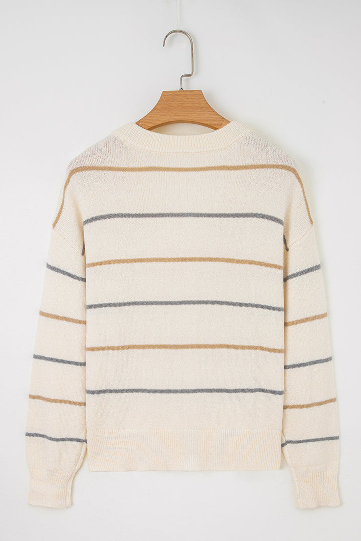 Multicolour Striped Buttoned Front V Neck Cardigan Sweater