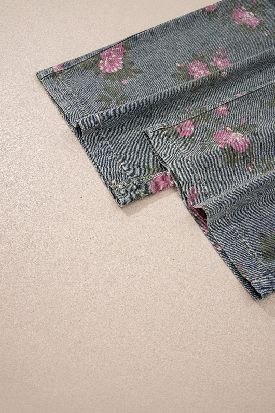 Gray Beau Floral Print Pleated High Waist Wide Leg Denim Jumpsuit