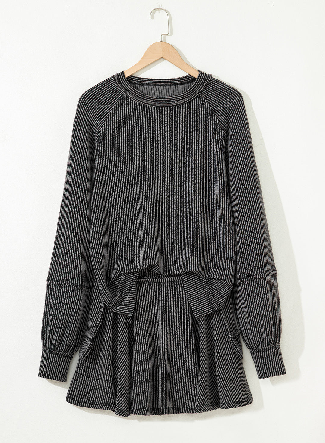 Dark Grey Corded Top High Waist Ruffled Mini Skort Set