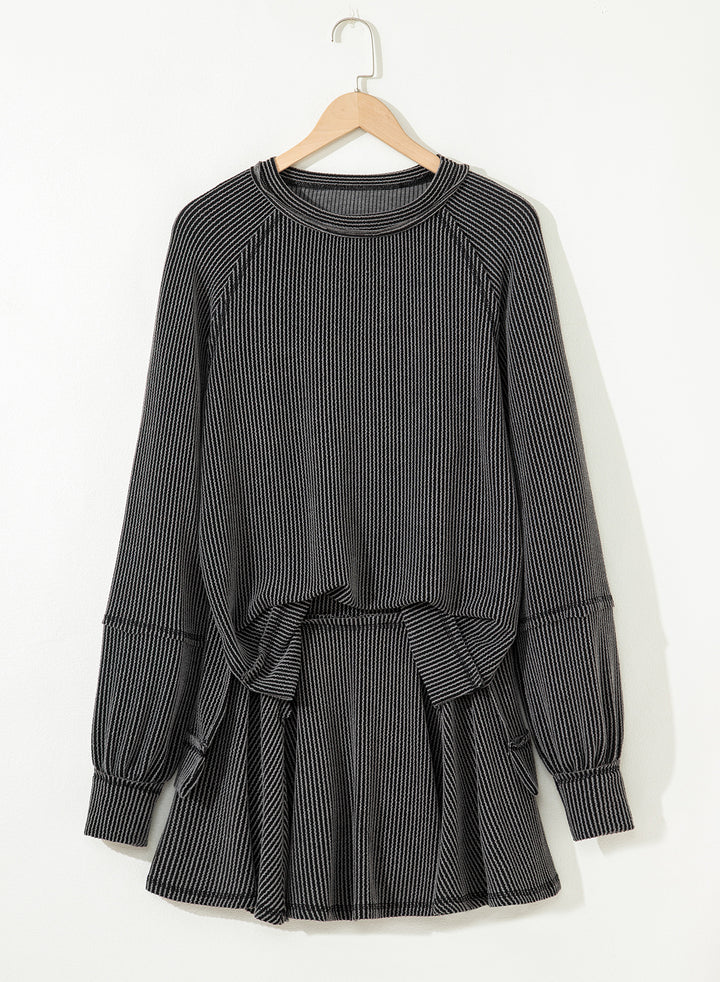 Dark Grey Corded Top High Waist Ruffled Mini Skort Set