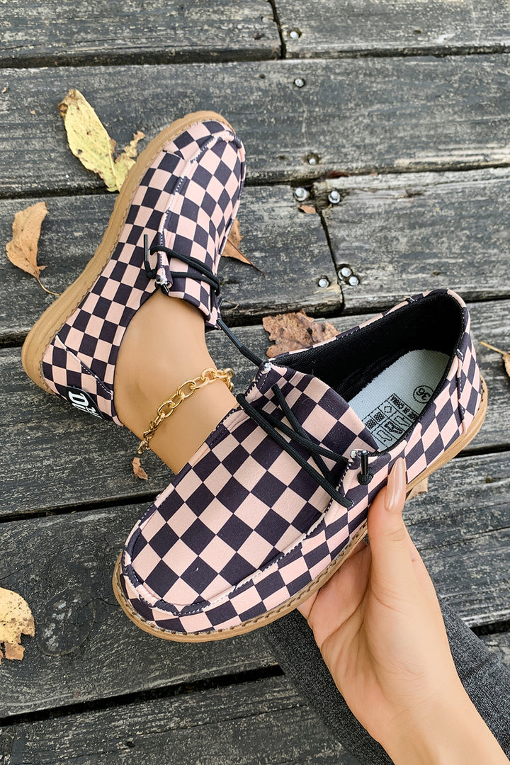 Checkered Print PU Leather Lace Up Detail Flat Shoes