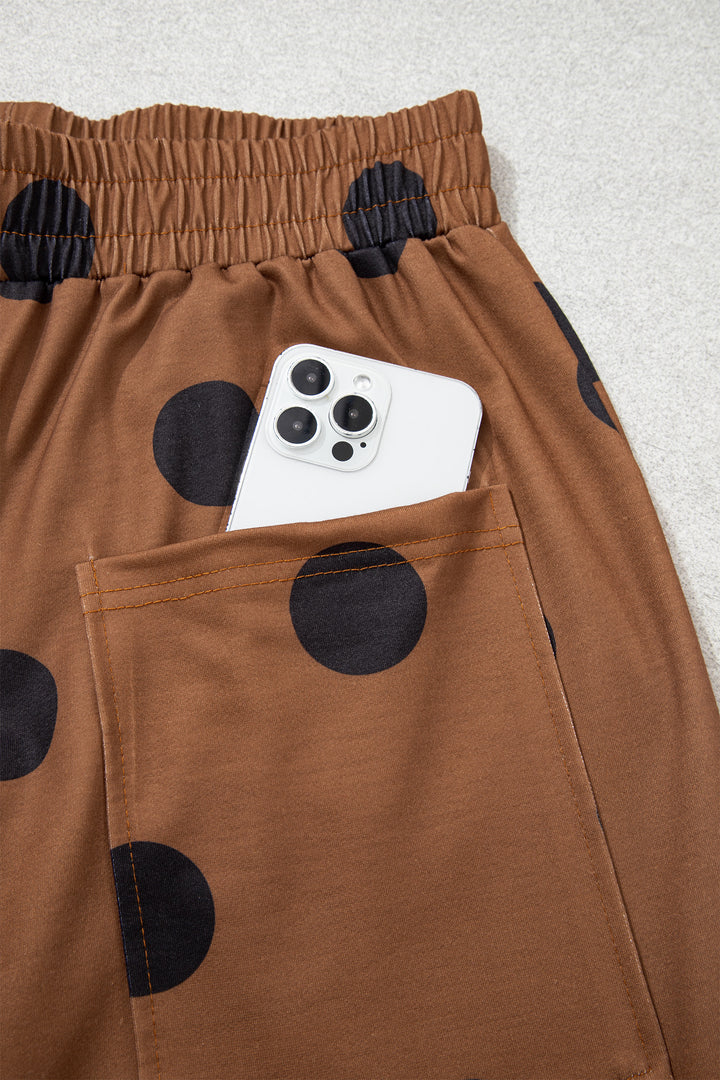 Brown Polka Dot Wide Leg Elastic Waist Casual Pants