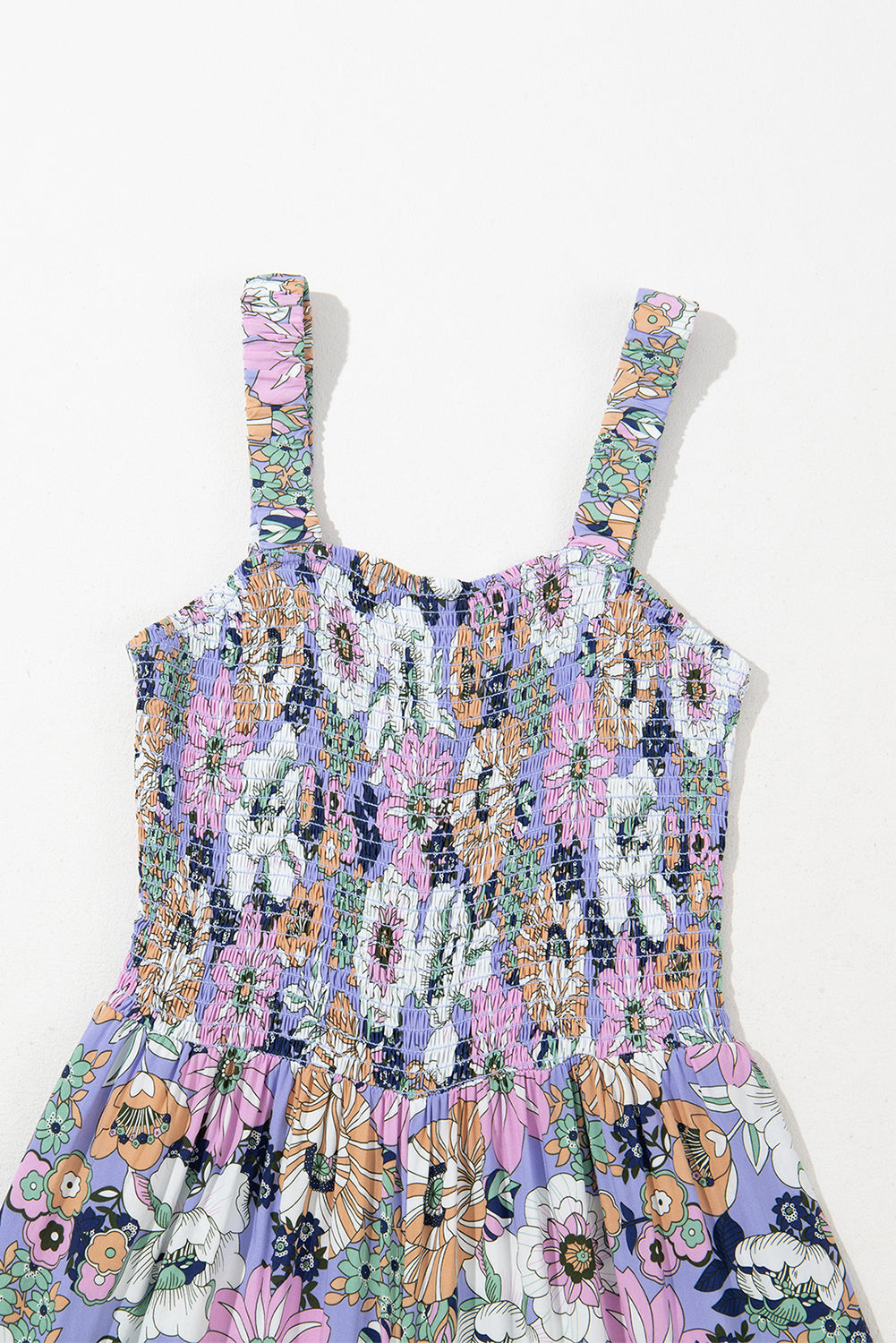 Purple Floral Print Smocked High Waist Square Neck Jumpsuit