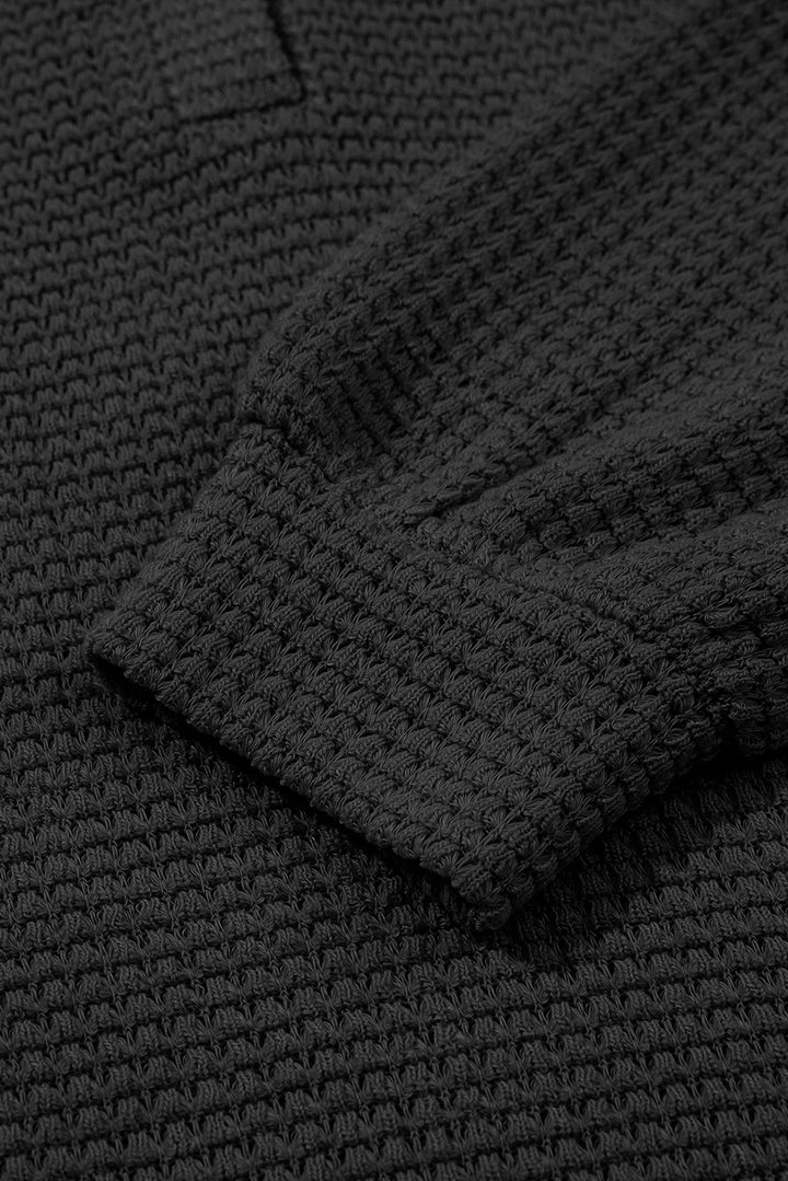 Black Button Notched Neck Waffle Knit Long Sleeve Top