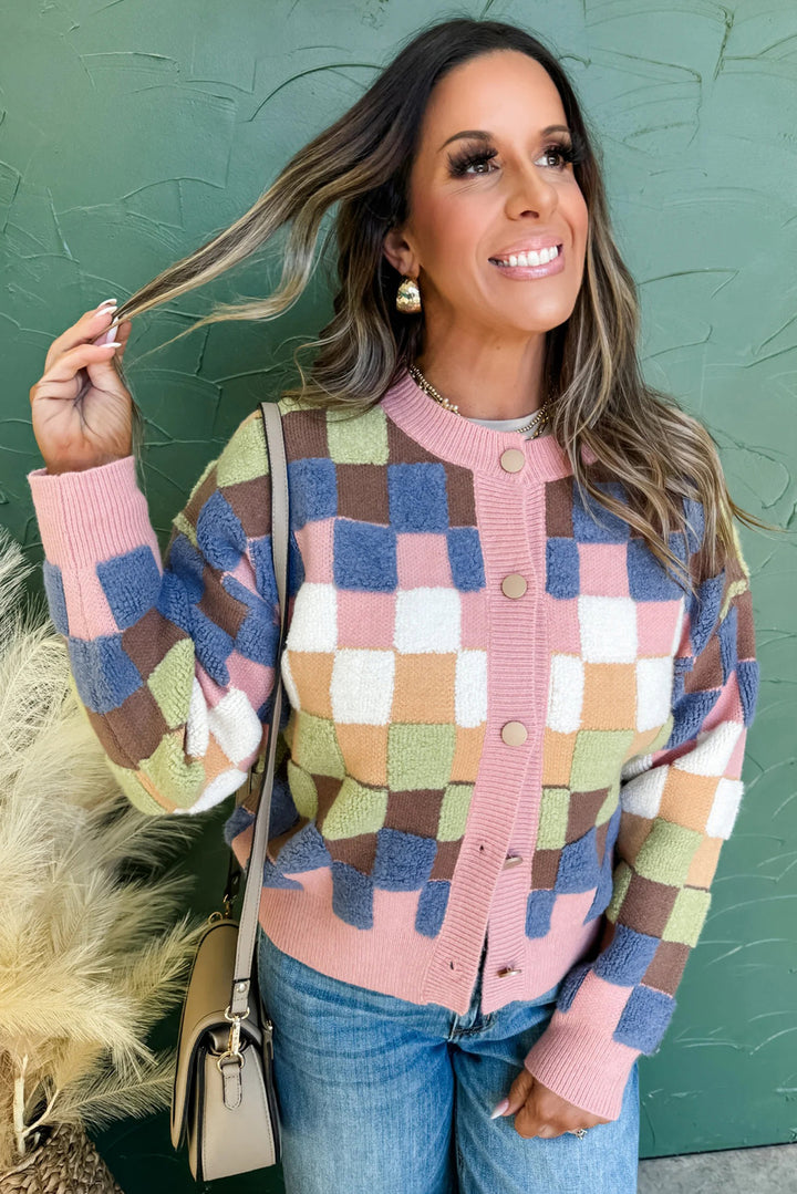 Plush Checkered Pattern Button Front Cardigan Sweater