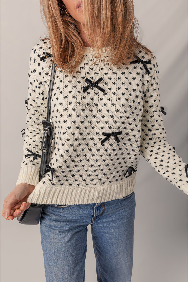 Bow Decor Color Contrast Ribbed Edge Crew Neck Sweater