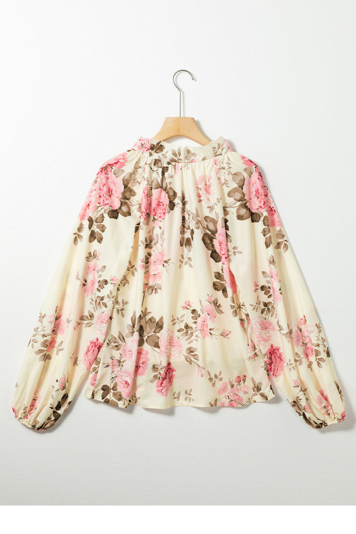 Floral Print Lantern Sleeve V-Neck Blouse