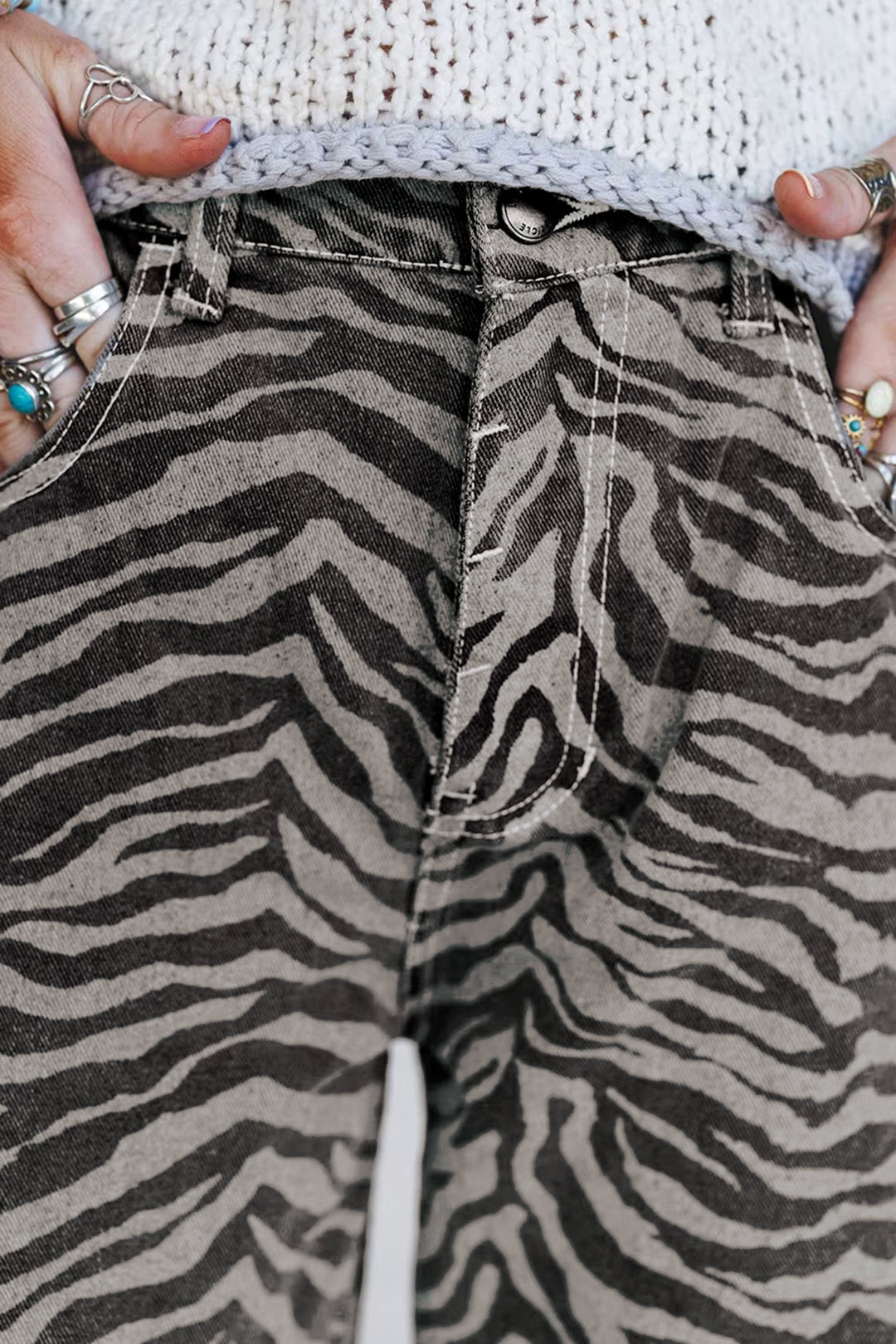 Gray Zebra Stripe Printed Wide Leg Barrel Jeans