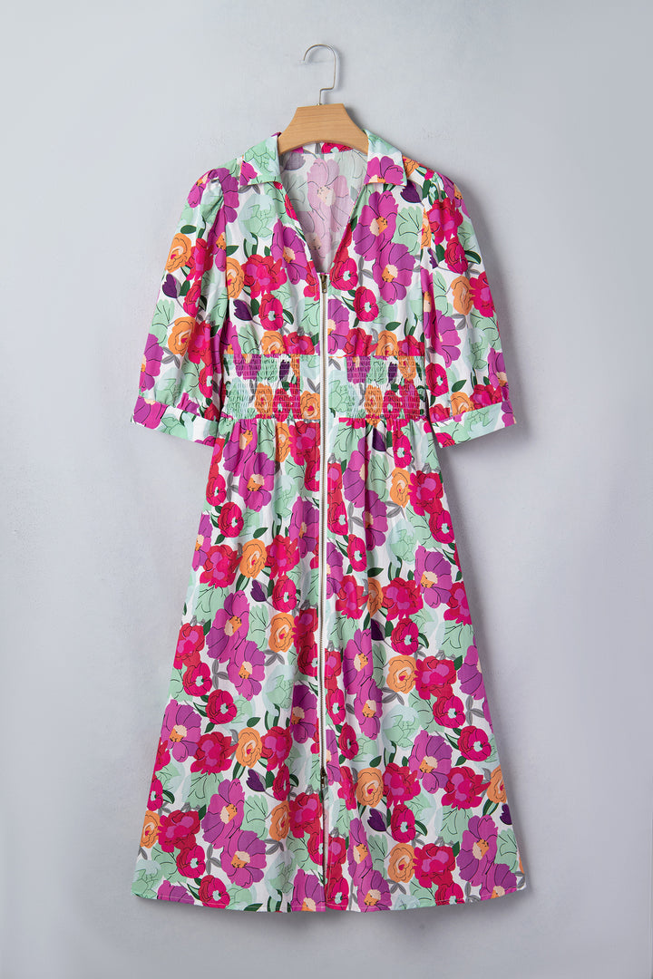 Rose Vibrant Floral Print Zip Up Puffy Half Sleeve Dress